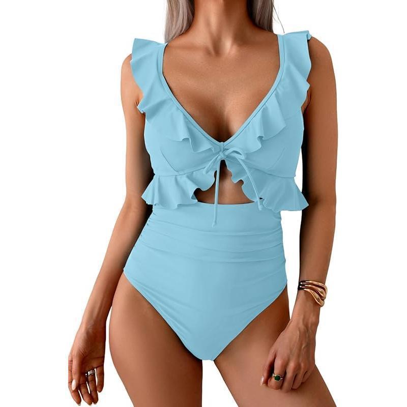 Ruffle V-Neck One-Piece Swimsuit