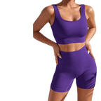 Purple bra and pant set for women with ribbed stretch fabric and gym-ready support