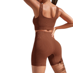 Back view of dark red bra and pant set with ribbed fabric and body-hugging fit