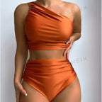High Waisted 3 Piece Bikini Set with Cover Up Skirt styled for poolside lounging.