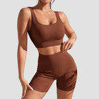 Brown sports bra and shorts set for women with ribbed stretch comfort
