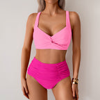 Close-up of the high waisted twist bikini set, showing the flattering design and soft padded cups.