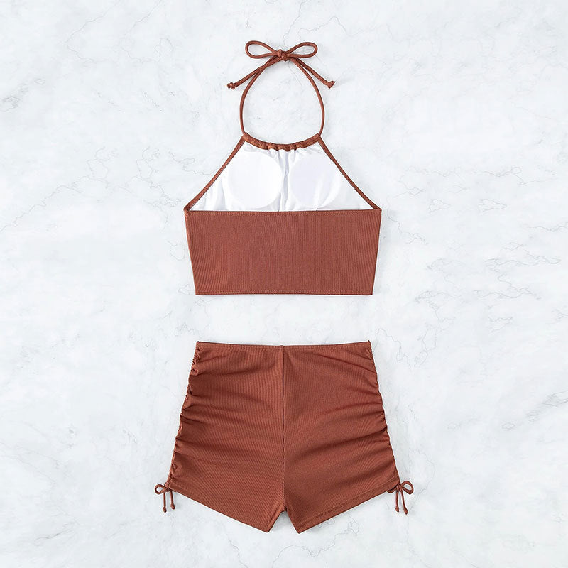 Beautifully displayed PeechLove Halter Bikini Shorts Set perfect for beach days and summer vacations.