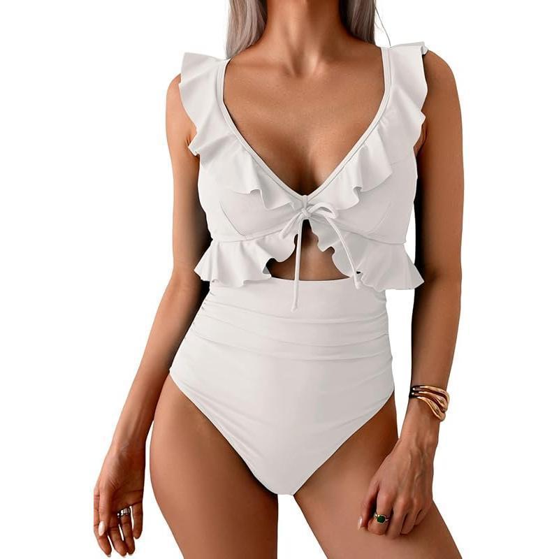Ruffle V-Neck One-Piece Swimsuit