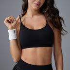 Close-up of black sports bra for women with soft stretch fabric and active support