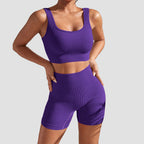 Purple matching bra and shorts set with high waist support and smooth fit
