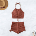 Full view of the PeechLove Halter Bikini Shorts Set showcasing the ribbed stretch fabric for comfort and style.