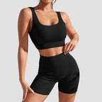 Black bra and pant set with ribbed sports bra and sculpting biker shorts