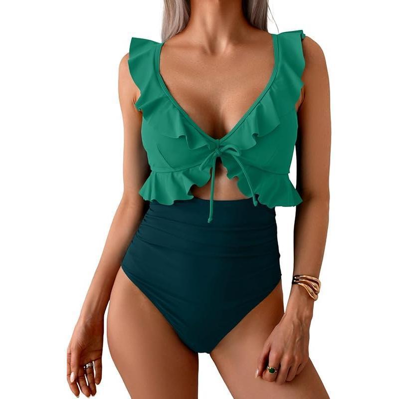 Ruffle V-Neck One-Piece Swimsuit
