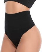 Side view of black seamless thong shaper with high waist tummy control