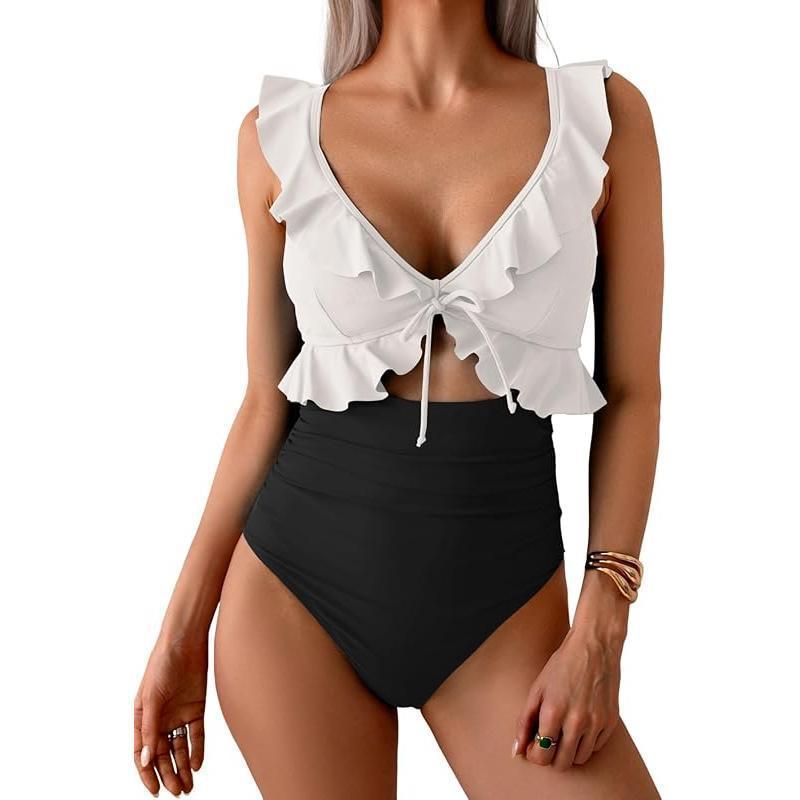 Ruffle V-Neck One-Piece Swimsuit
