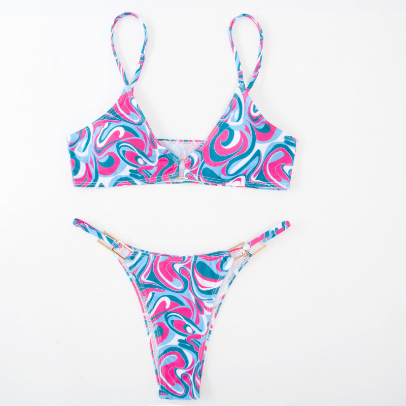 Solid Color Ribbed Bikini Set for Women