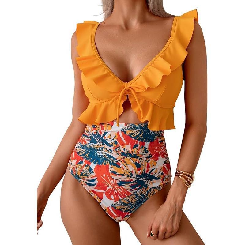 Ruffle V-Neck One-Piece Swimsuit
