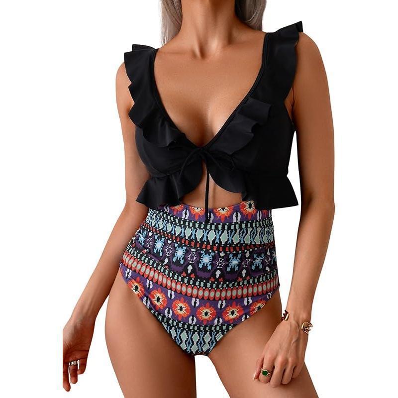 Ruffle V-Neck One-Piece Swimsuit
