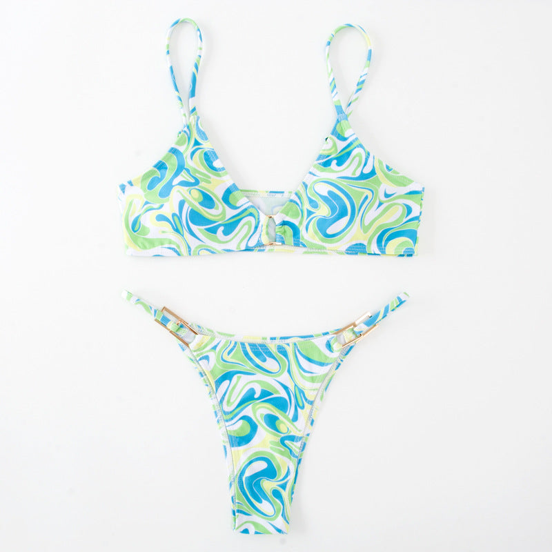 Solid Color Ribbed Bikini Set for Women