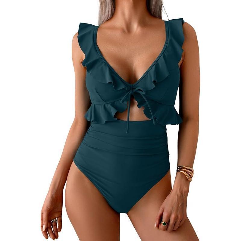 Ruffle V-Neck One-Piece Swimsuit