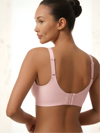 Back view of pink backless push-up support bra with wide band and adjustable straps