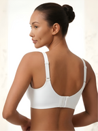 Back view of white backless push-up support bra with wide band and adjustable straps