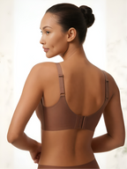 Back view of brown backless push-up support bra with wide band and adjustable straps