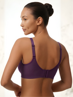Back view of purple backless push-up support bra with wide band and supportive straps