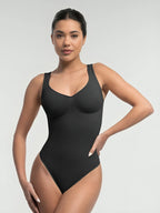 Black bust support bodysuit for women with tummy control and smooth sculpting fit