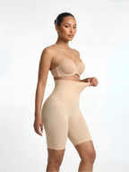 Side view of nude butt-lift shaping shorts with tummy control and smooth thigh shaping