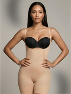 Nude sling one-piece shapewear bodysuit for women with tummy control and smooth sculpting fit