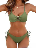 Stylish PeechLove Backless Two-Piece Bikini Set showcasing its ribbed stretch design.