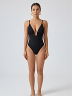 Black plunge thong bodysuit for women with seamless tummy control and deep V front
