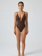 Brown plunge thong bodysuit with seamless sculpting fit for dresses and outfits
