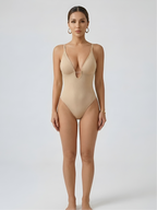 Nude plunge thong bodysuit with smooth tummy control for everyday styling and dresses