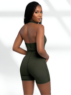 Back view of olive green sculpting romper shaper with seamless shaping support