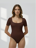 Brown square neck bodysuit for women with short sleeves and smooth sculpting fit