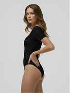 Side view of black square neck bodysuit with smooth stretch fabric for everyday wear