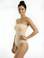 Side view of nude strapless sculpt bodysuit with tummy control and smooth shaping fit
