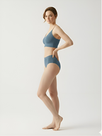 Side view of blue wireless bra set with seamless stretch comfort