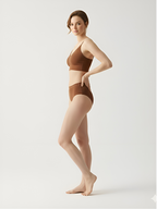 Side view of brown wireless bra set with seamless everyday comfort