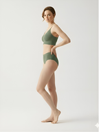 Side view of green wireless bra set with smooth everyday fit