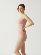 Side view of pink wireless bra set with seamless comfort fit