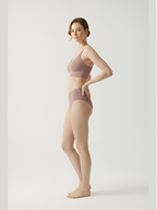 Side view of rose gold wireless bra set with comfortable stretch fit