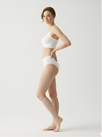 Side view of white wireless bra set with comfortable stretch fit