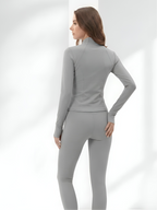 Back view of grey yoga wear set with stretch leggings and smooth activewear fit