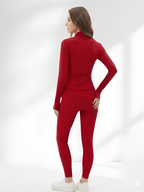 Back view of red yoga wear set with stretch leggings and body-hugging fit