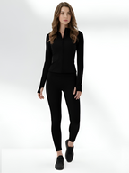 Black yoga wear set for women with zip-up jacket and matching leggings