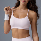 Close-up of pink sports bra for women with soft stretch fabric and light support