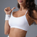 Close-up of white sports bra for women with breathable fabric and comfort fit