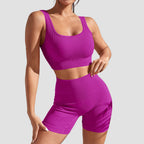 Pink bra and pant set for women with ribbed sports bra and high waist shorts
