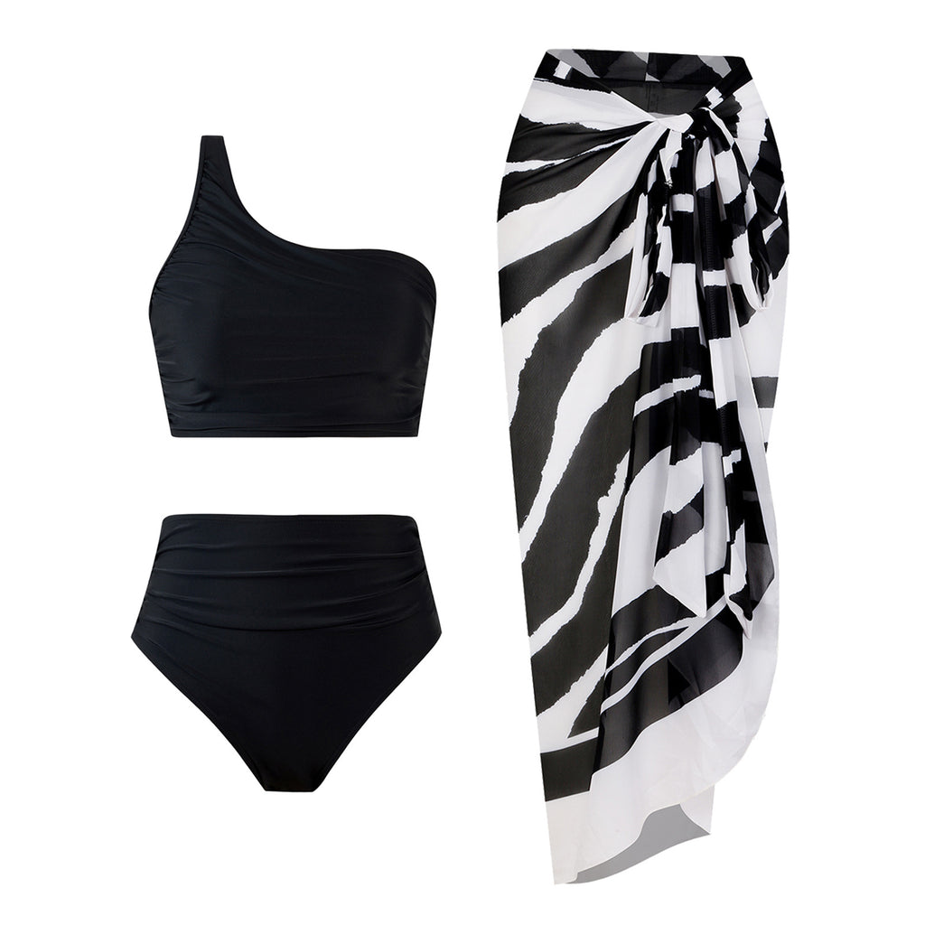 Close-up view of the High Waisted 3 Piece Bikini Set with Cover Up Skirt features and details.