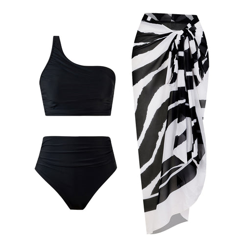 Close-up view of the High Waisted 3 Piece Bikini Set with Cover Up Skirt features and details.