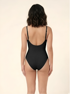 Back view of black backless waist shaper bodysuit with low open back and smooth support